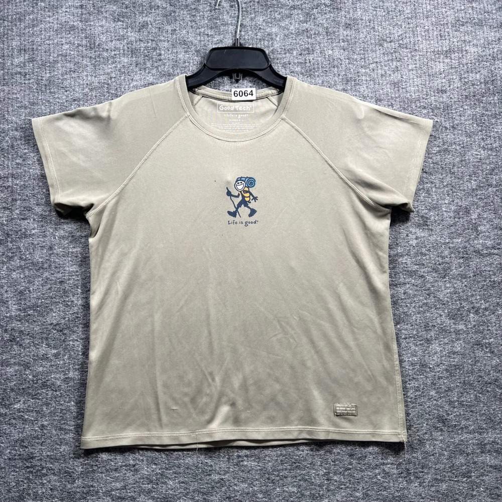 Life is Good Women L Good Tech Hiking Graphic T-Shirt Tan Khaki Performance 6064